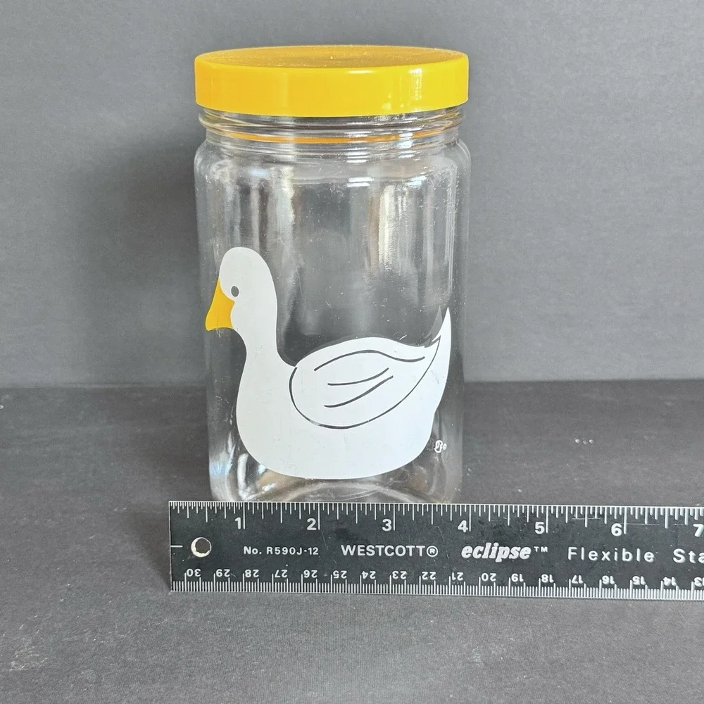 Vintage Clear Glass Jar Canister Duck Theme Print Yellow Lid No‎ Fading No Dmg